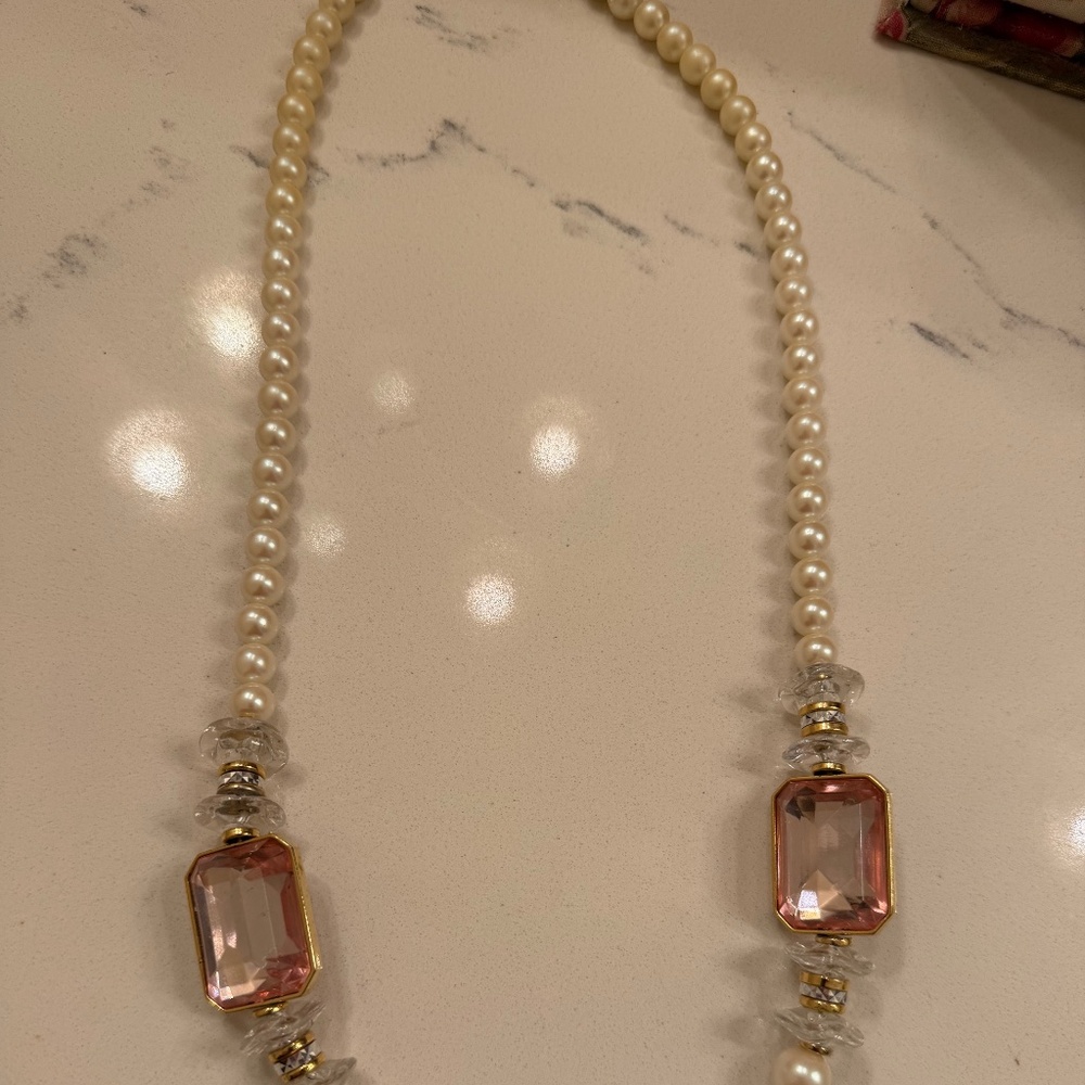 Vintage Pearl Necklace Pink Crystal  Embellishments Rare - Picture 9 of 9